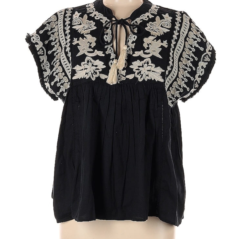 Thml Black Blouse With Cream Embroidery- Size M
